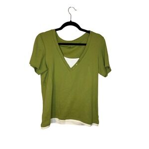 White Stag Women's Avocado Green Twist Layered Look V Neck Short Sleeve Tee
